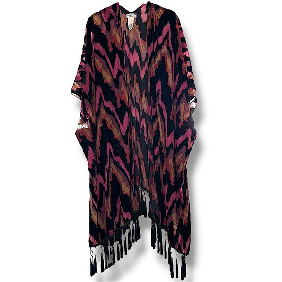 Free People Dripping Velvet Burnout Kimono Sheer Red Zigzag Coverup Beach - Picture 7 of 7